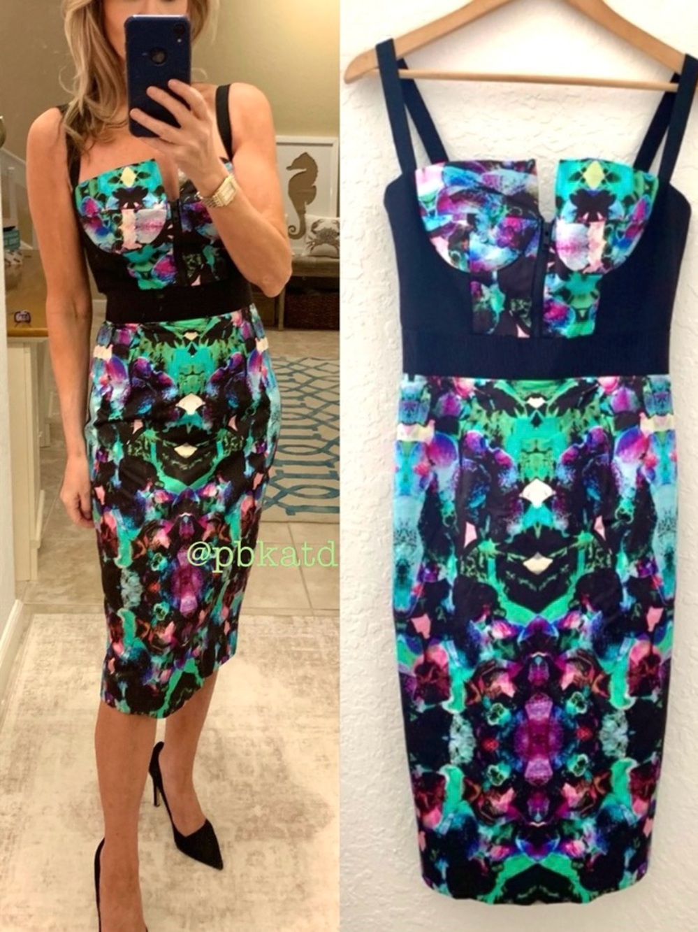 Milly Black Bustier Multicolor Abstract Floral Midi Dress